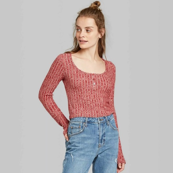 NWT Wild Fable Scoop Neck Henley Cropped Top - Picture 2 of 7